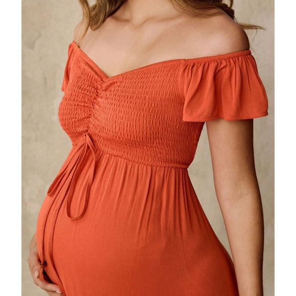 Boho Orange Off Shoulder Smocked High Waisted Maxi Dress - Picture 6 of 6